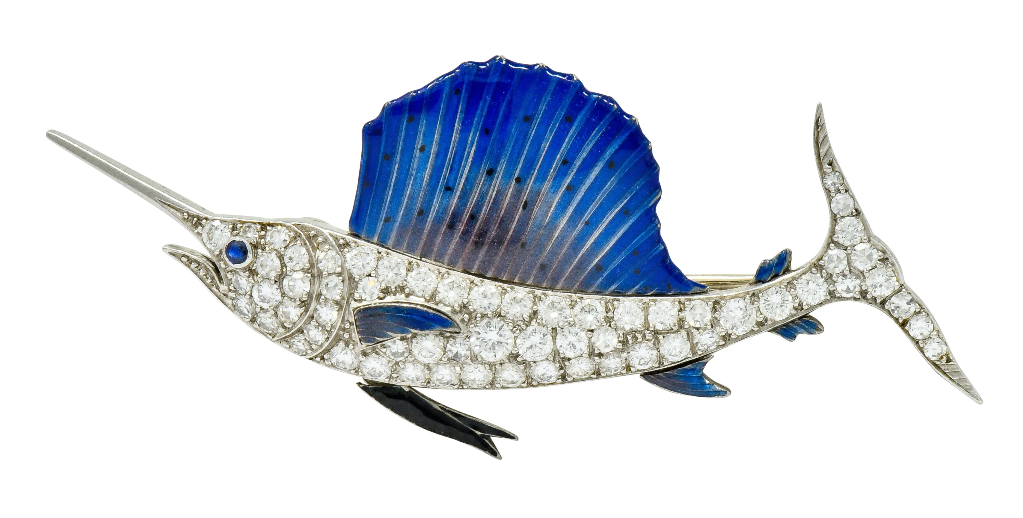 Art Deco 2.60 CTW Diamond Blue Enamel Platinum Swordfish Brooch