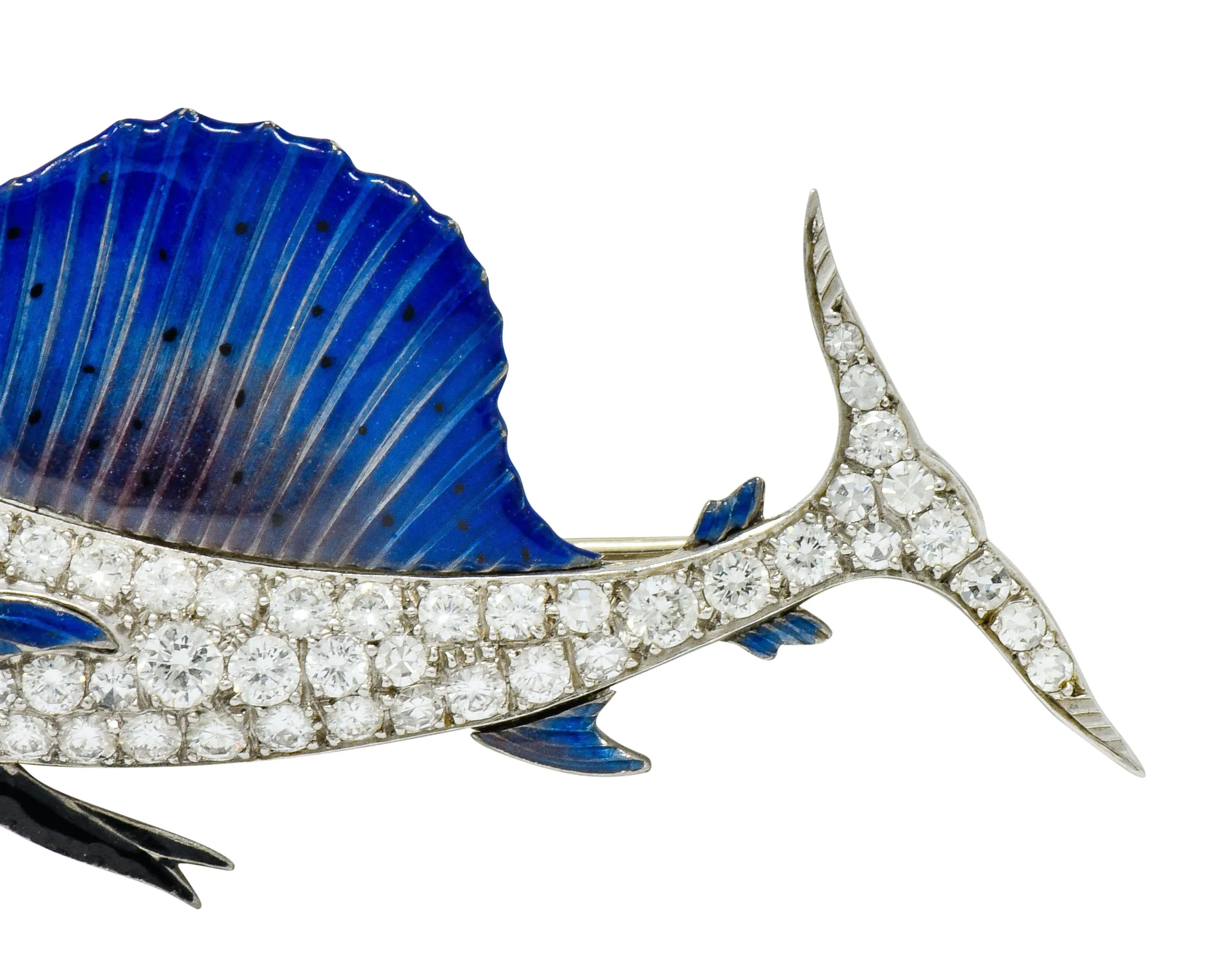 Art Deco 2.60 CTW Diamond Blue Enamel Platinum Swordfish Brooch