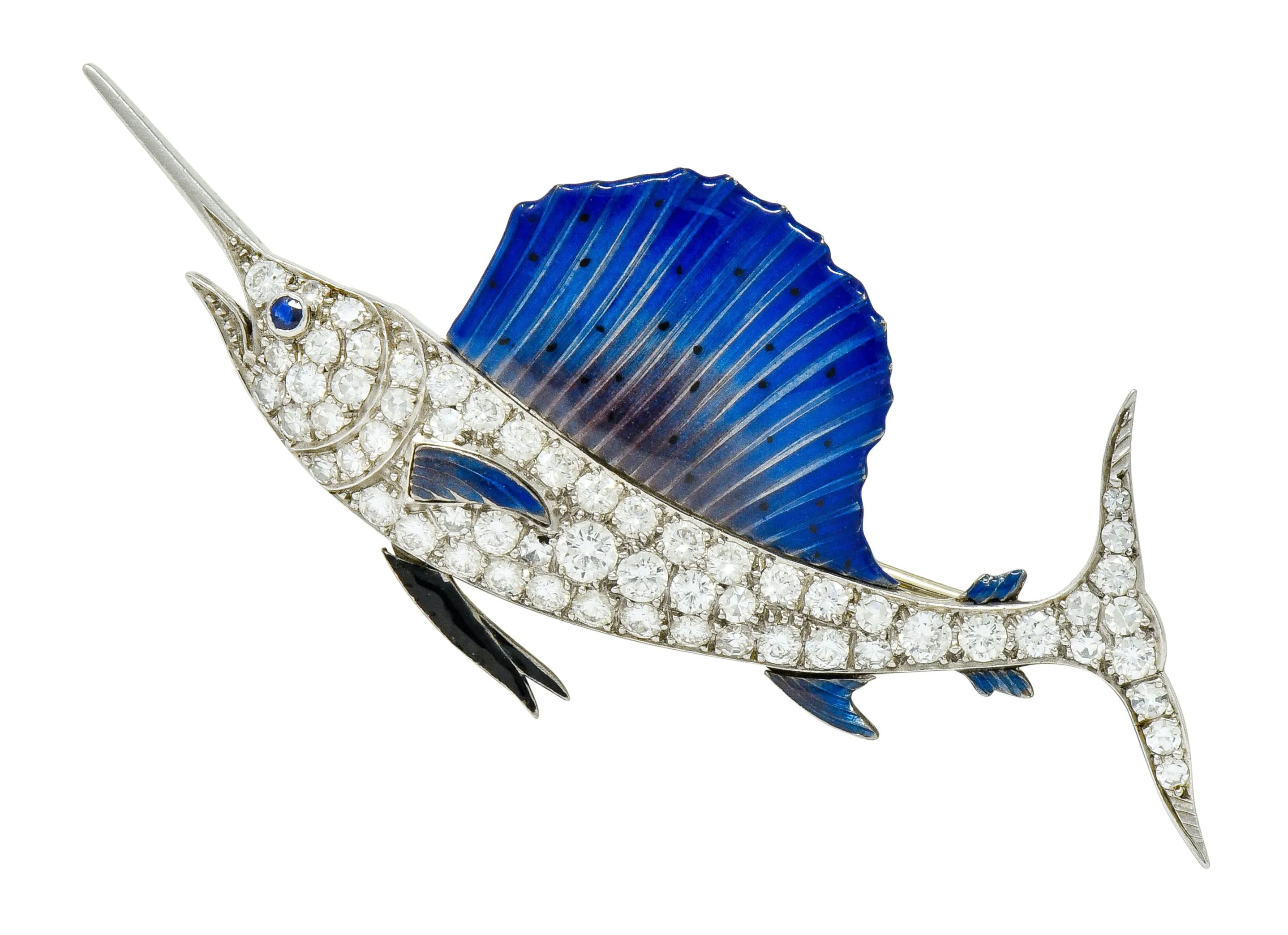 Art Deco 2.60 CTW Diamond Blue Enamel Platinum Swordfish Brooch
