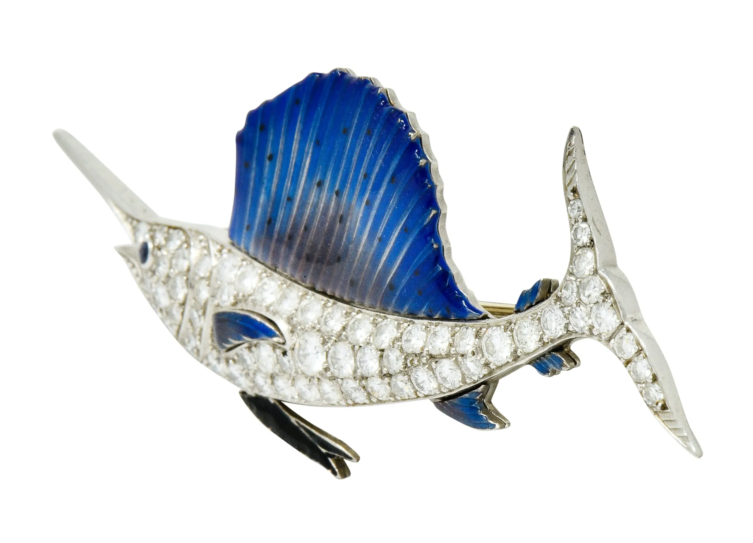 Art Deco 2.60 CTW Diamond Blue Enamel Platinum Swordfish Brooch