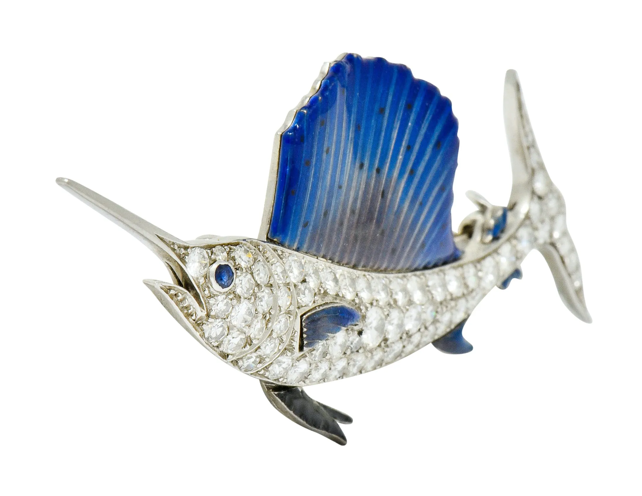 Art Deco 2.60 CTW Diamond Blue Enamel Platinum Swordfish Brooch