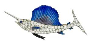 Art Deco 2.60 CTW Diamond Blue Enamel Platinum Swordfish Brooch