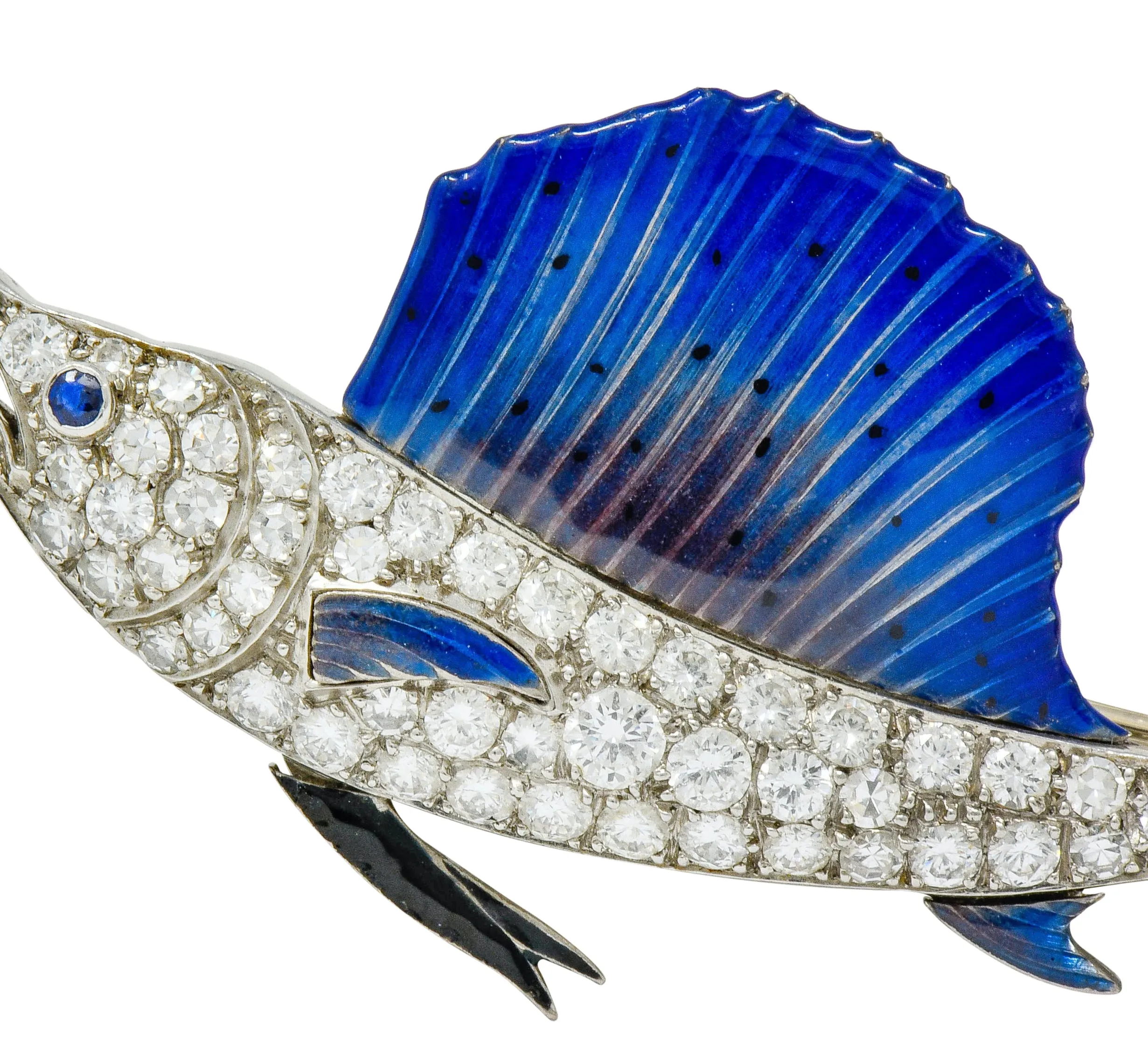 Art Deco 2.60 CTW Diamond Blue Enamel Platinum Swordfish Brooch