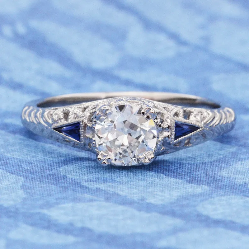 Art Deco 3/4 - 1 Carat Filigree Engagement Ring Setting in 14 Karat White Gold with Blue Sapphire Side Stones