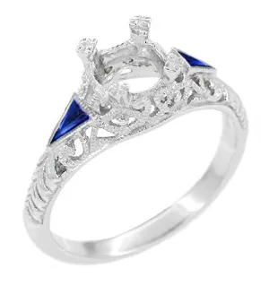 Art Deco 3/4 - 1 Carat Filigree Engagement Ring Setting in 14 Karat White Gold with Blue Sapphire Side Stones