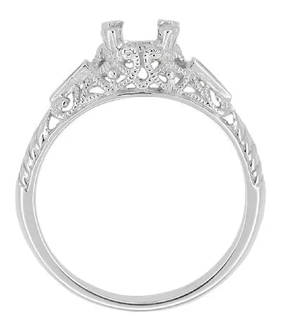 Art Deco 3/4 - 1 Carat Filigree Engagement Ring Setting in 14 Karat White Gold with Blue Sapphire Side Stones