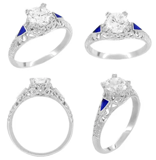 Art Deco 3/4 - 1 Carat Filigree Engagement Ring Setting in 14 Karat White Gold with Blue Sapphire Side Stones