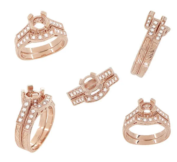Art Deco 3/4 Carat Diamond Filigree Citadel Engagement Ring Semimount in 14 Karat Rose Gold