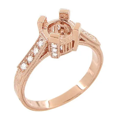 Art Deco 3/4 Carat Diamond Filigree Citadel Engagement Ring Semimount in 14 Karat Rose Gold