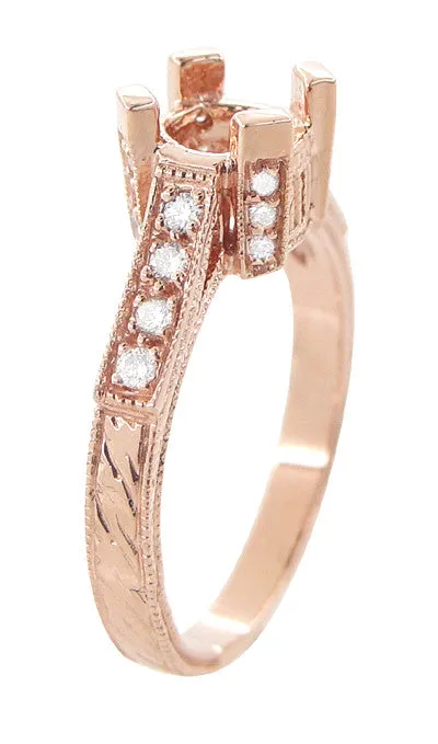 Art Deco 3/4 Carat Diamond Filigree Citadel Engagement Ring Semimount in 14 Karat Rose Gold