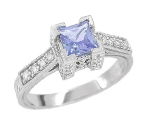 Art Deco 3/4 Carat Princess Cut Tanzanite and Diamond Engagement Ring in 18 Karat White Gold
