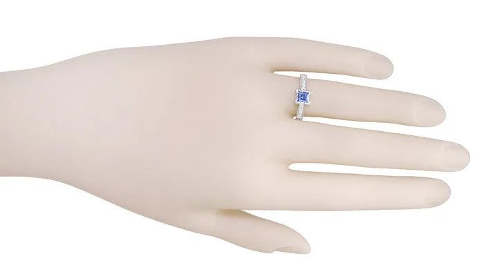Art Deco 3/4 Carat Princess Cut Tanzanite and Diamond Engagement Ring in 18 Karat White Gold