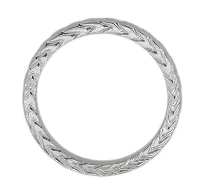 Art Deco 3mm Chevron Carved Sculptural Wheat Pattern Wedding Band in White Gold