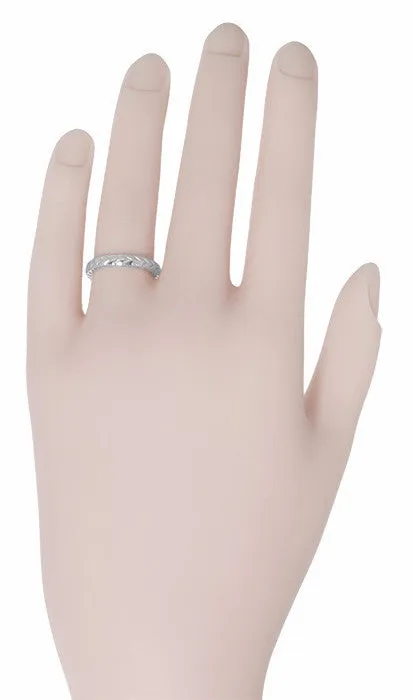 Art Deco 3mm Chevron Carved Sculptural Wheat Pattern Wedding Band in White Gold