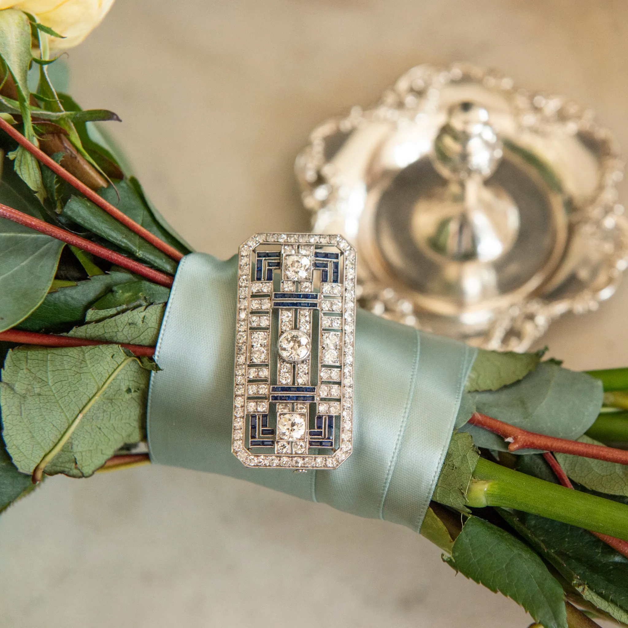 Art Deco 5ctw Diamond & Sapphire Platinum French Brooch