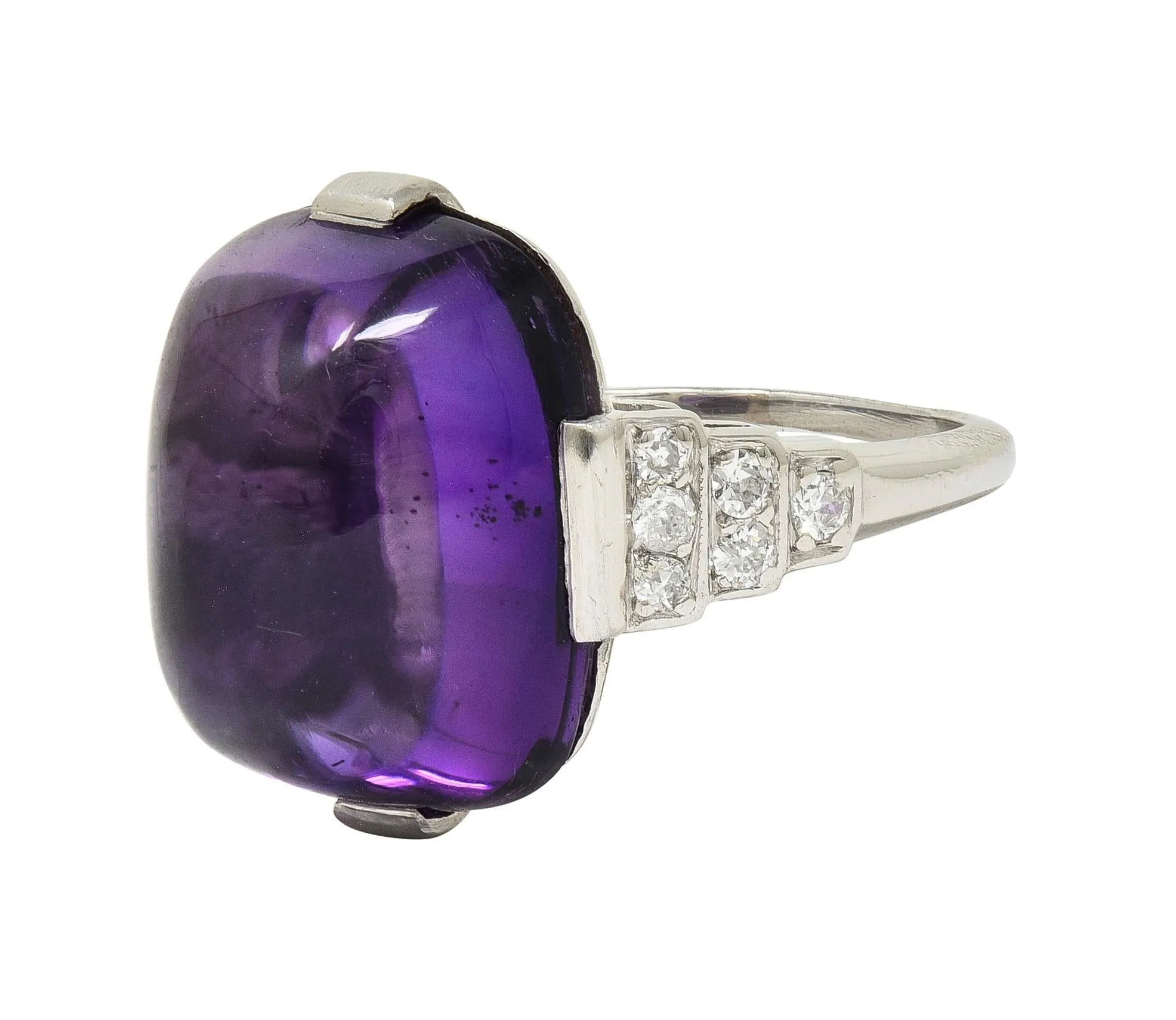 Art Deco Amethyst Cabochon Diamond Platinum Vintage Stepped Cocktail Ring
