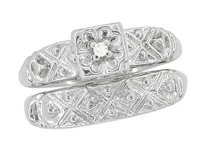 Art Deco Antique Wedding Ring and Clover Engagement Ring Set in 14 Karat White Gold