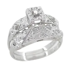 Art Deco Antique Wedding Ring and Clover Engagement Ring Set in 14 Karat White Gold