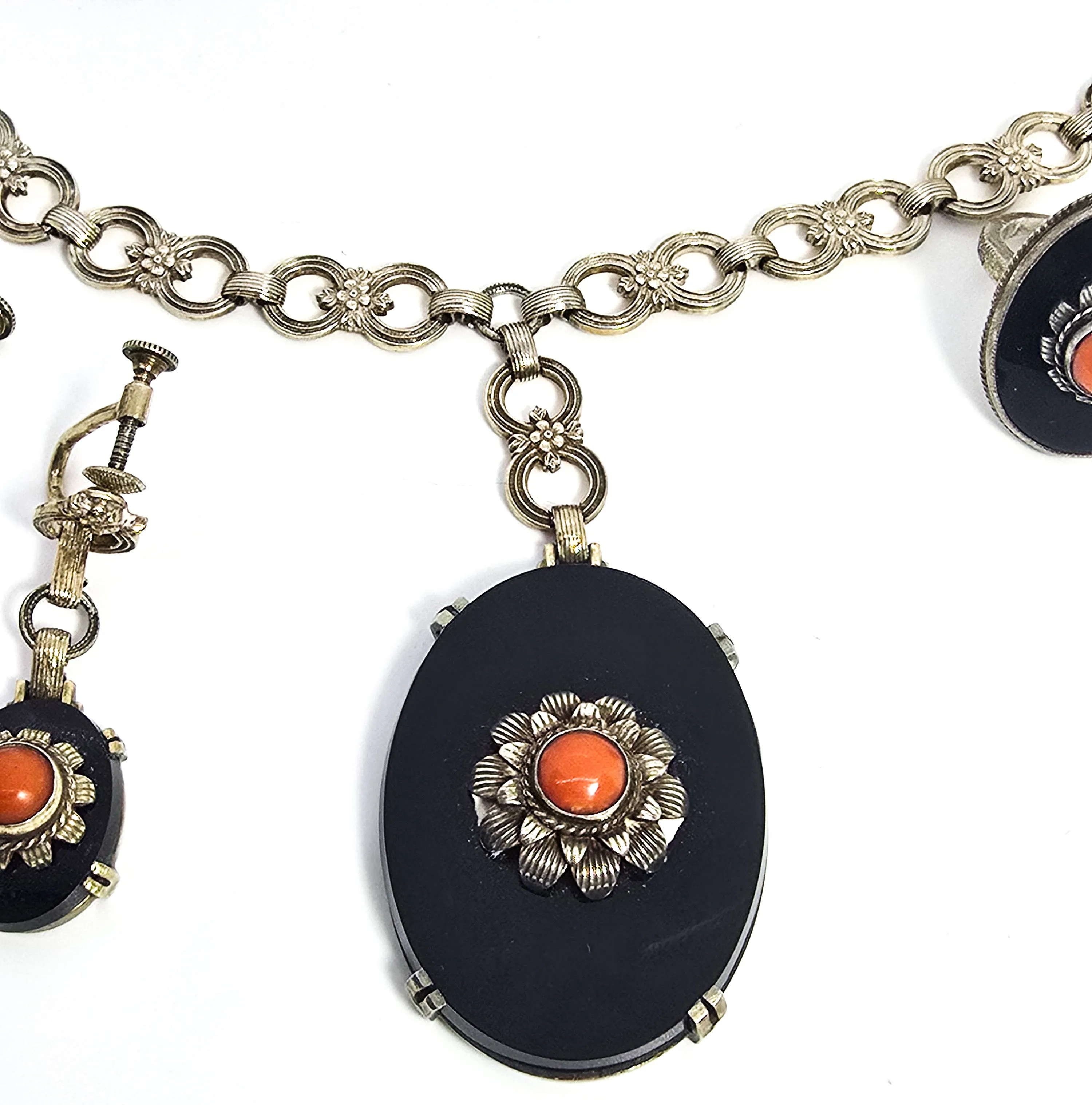 Art Deco black onyx and sponge coral sterling silver Demi Parure antique set 4 piece