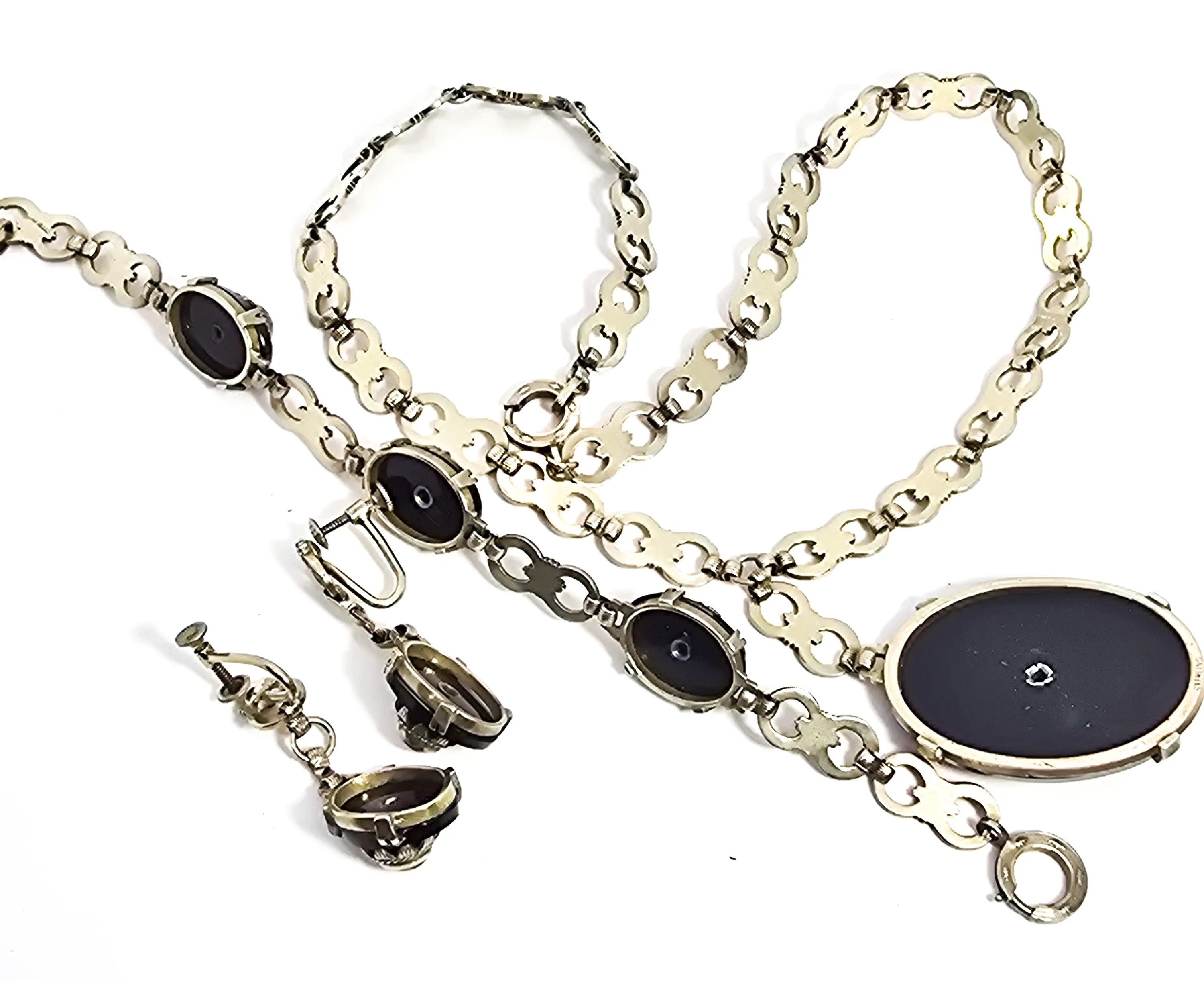 Art Deco black onyx and sponge coral sterling silver Demi Parure antique set 4 piece