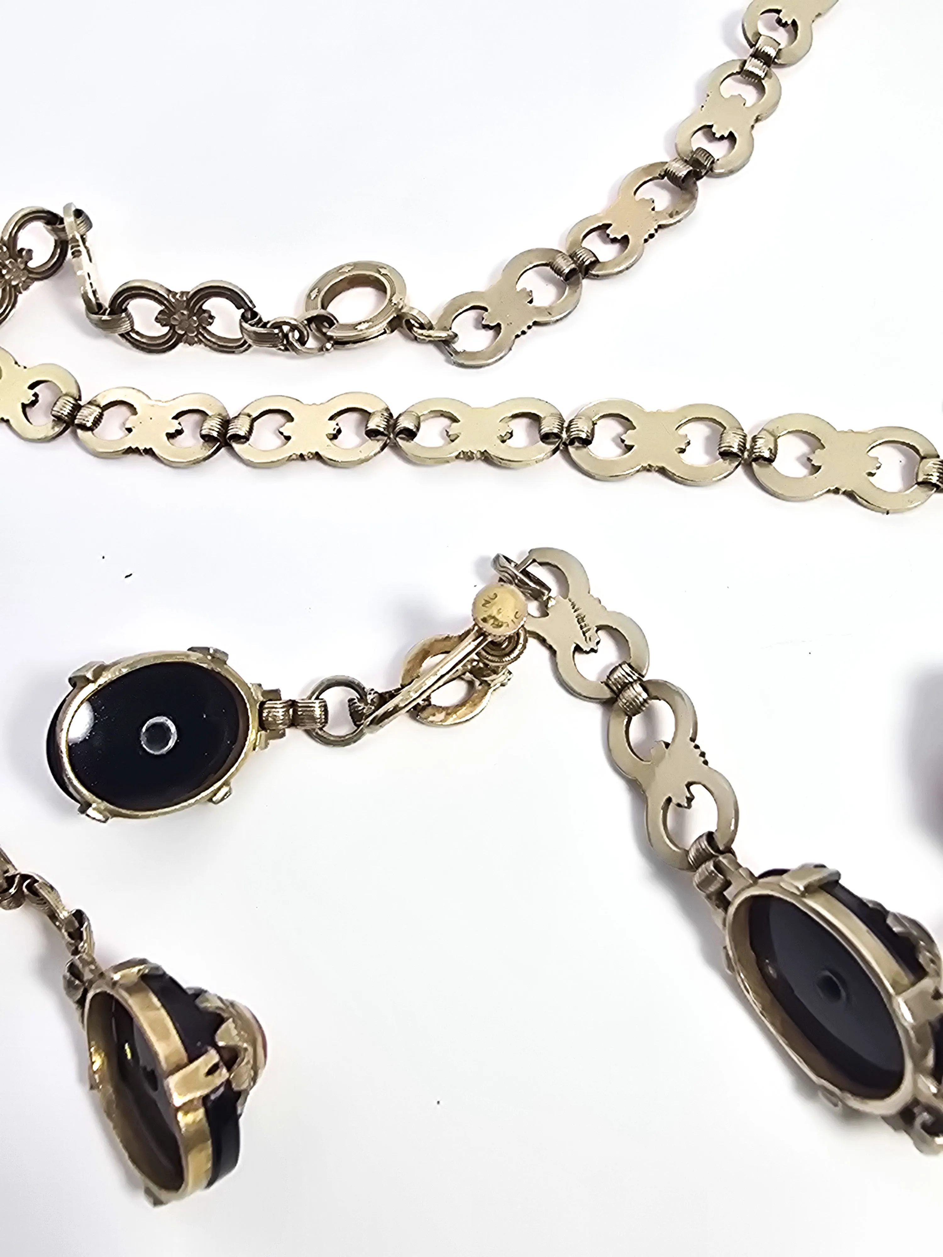 Art Deco black onyx and sponge coral sterling silver Demi Parure antique set 4 piece