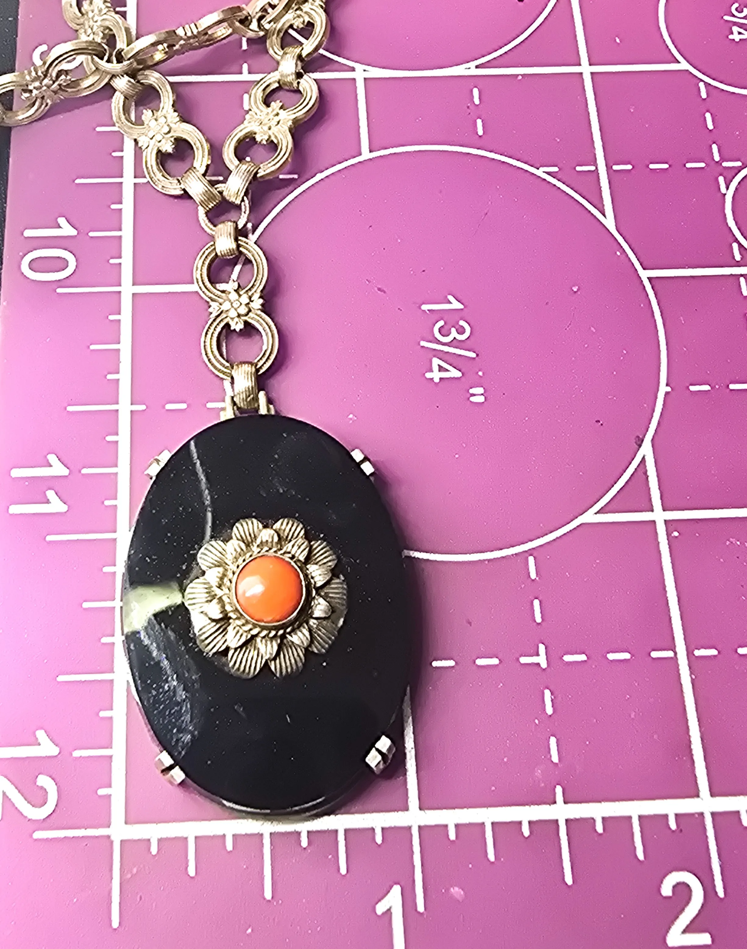 Art Deco black onyx and sponge coral sterling silver Demi Parure antique set 4 piece