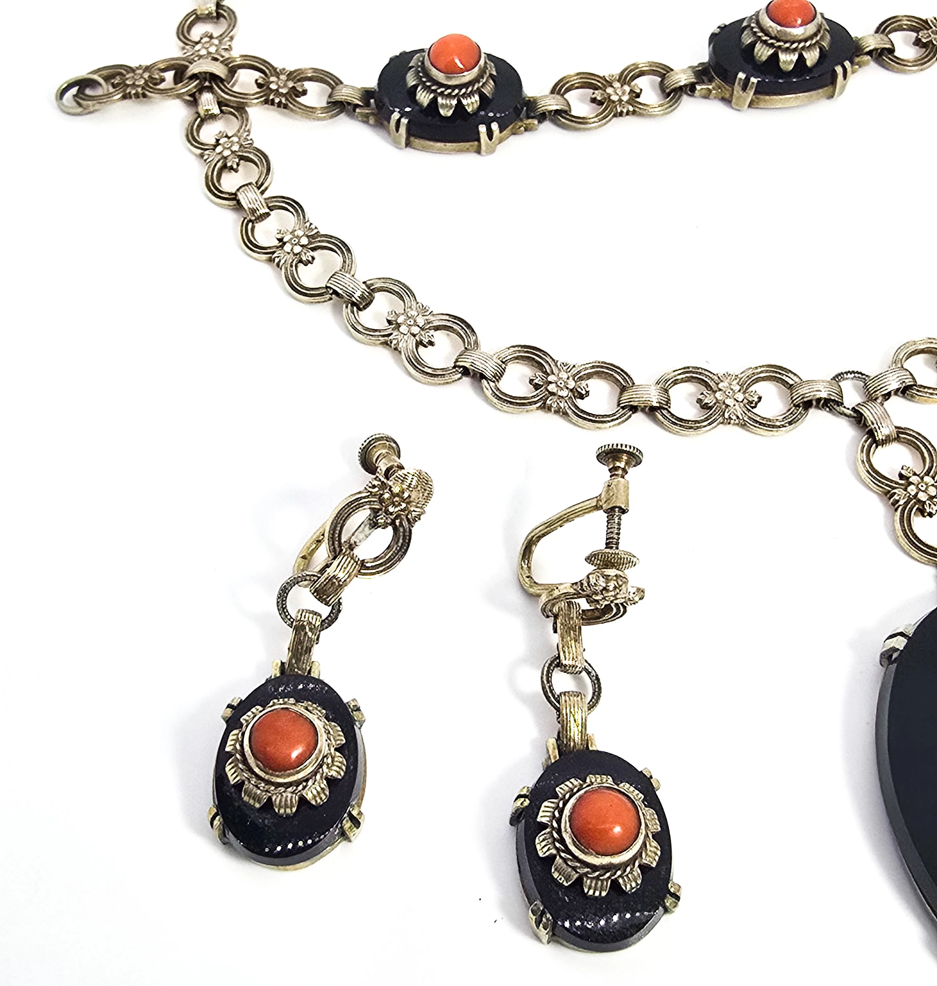 Art Deco black onyx and sponge coral sterling silver Demi Parure antique set 4 piece