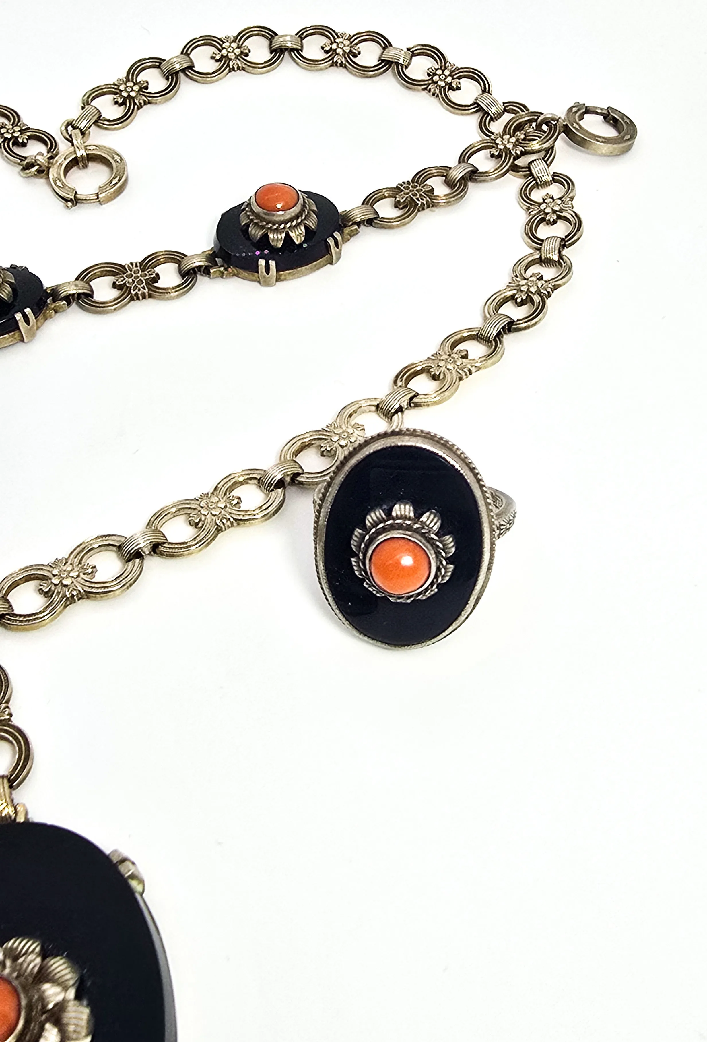 Art Deco black onyx and sponge coral sterling silver Demi Parure antique set 4 piece