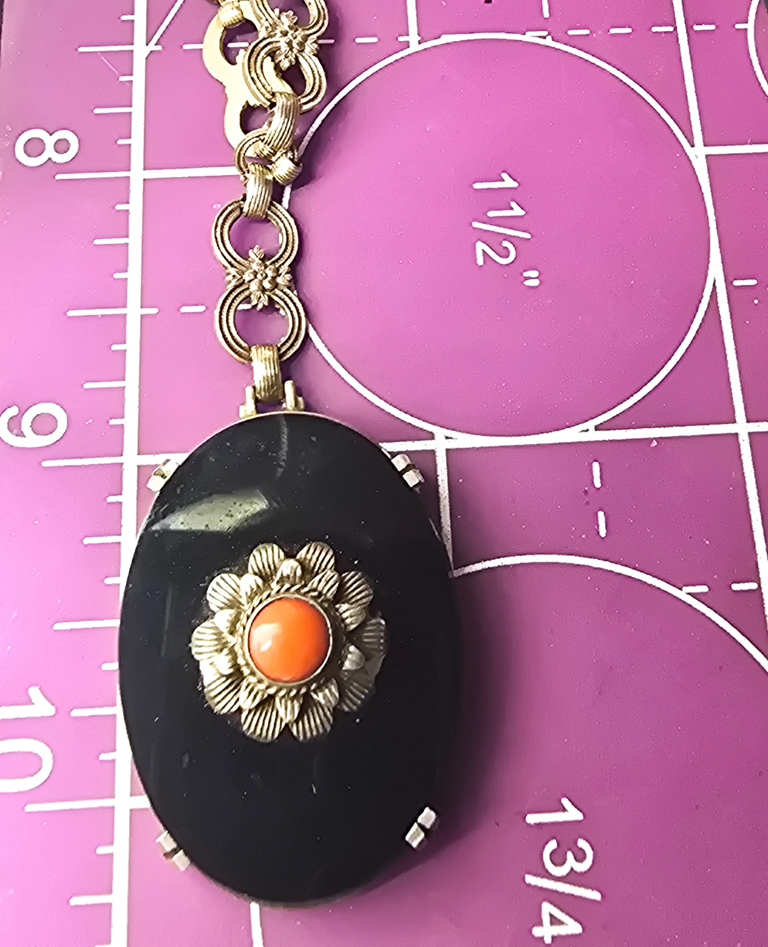 Art Deco black onyx and sponge coral sterling silver Demi Parure antique set 4 piece