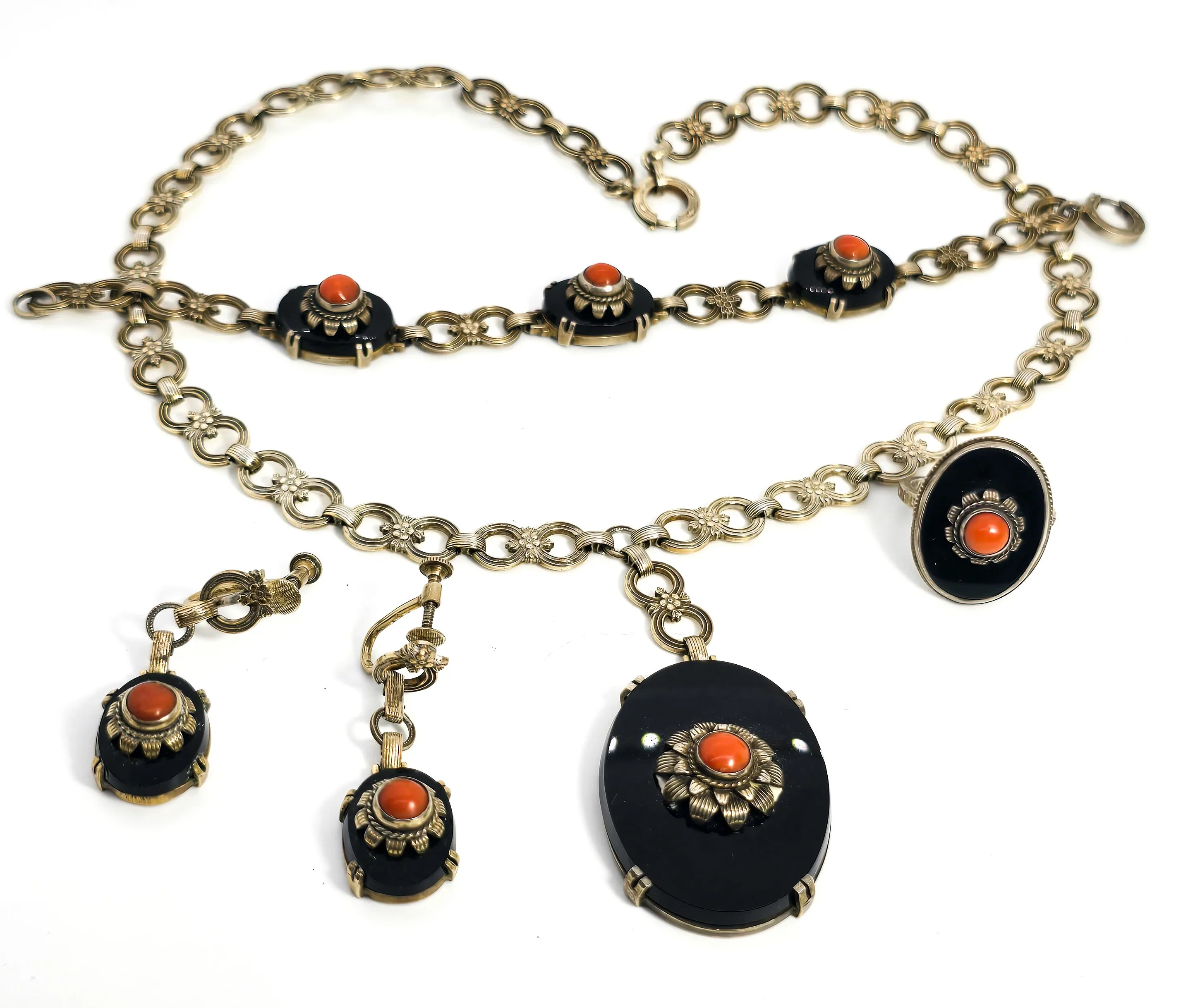 Art Deco black onyx and sponge coral sterling silver Demi Parure antique set 4 piece