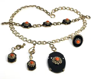 Art Deco black onyx and sponge coral sterling silver Demi Parure antique set 4 piece