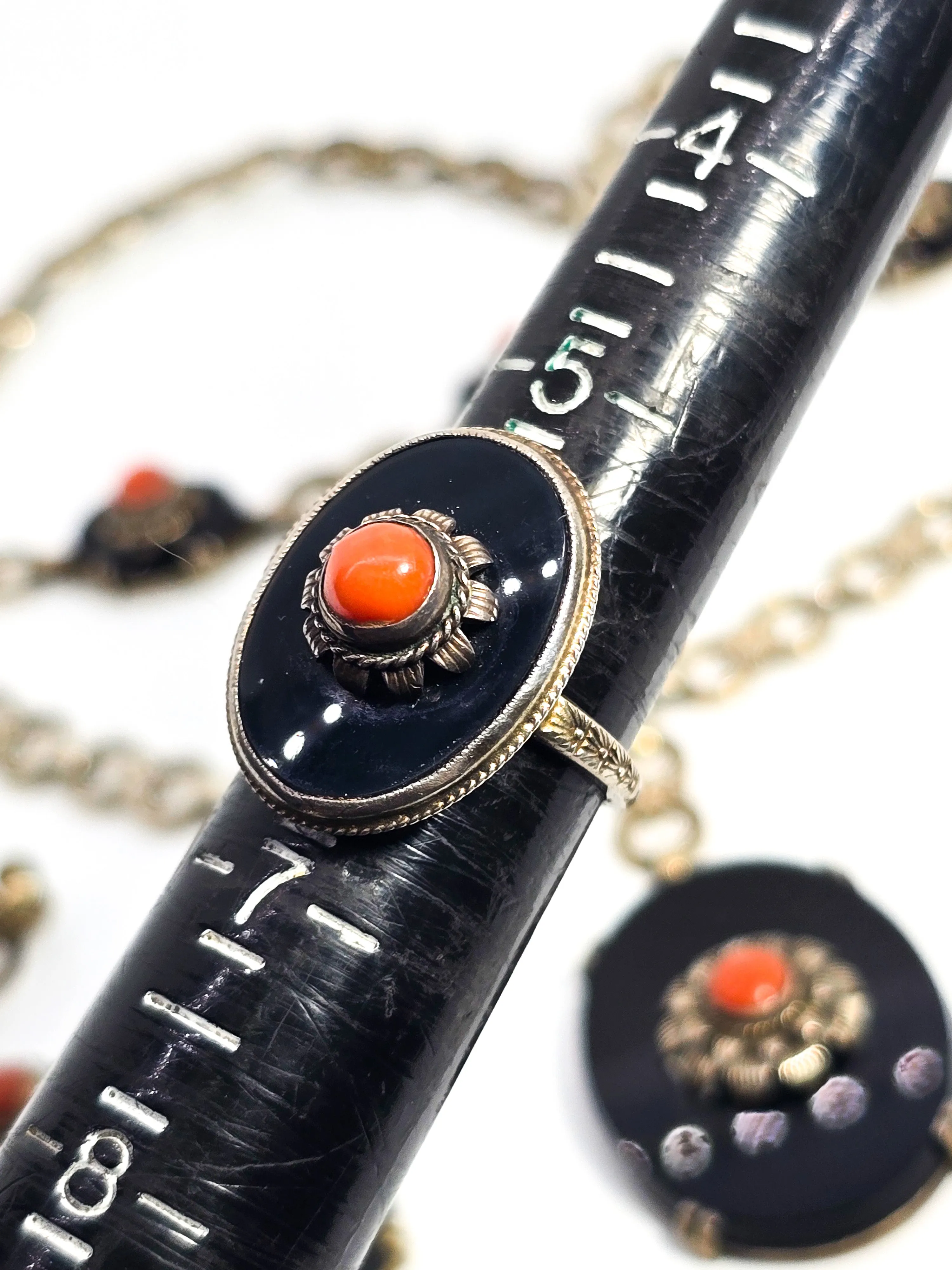 Art Deco black onyx and sponge coral sterling silver Demi Parure antique set 4 piece