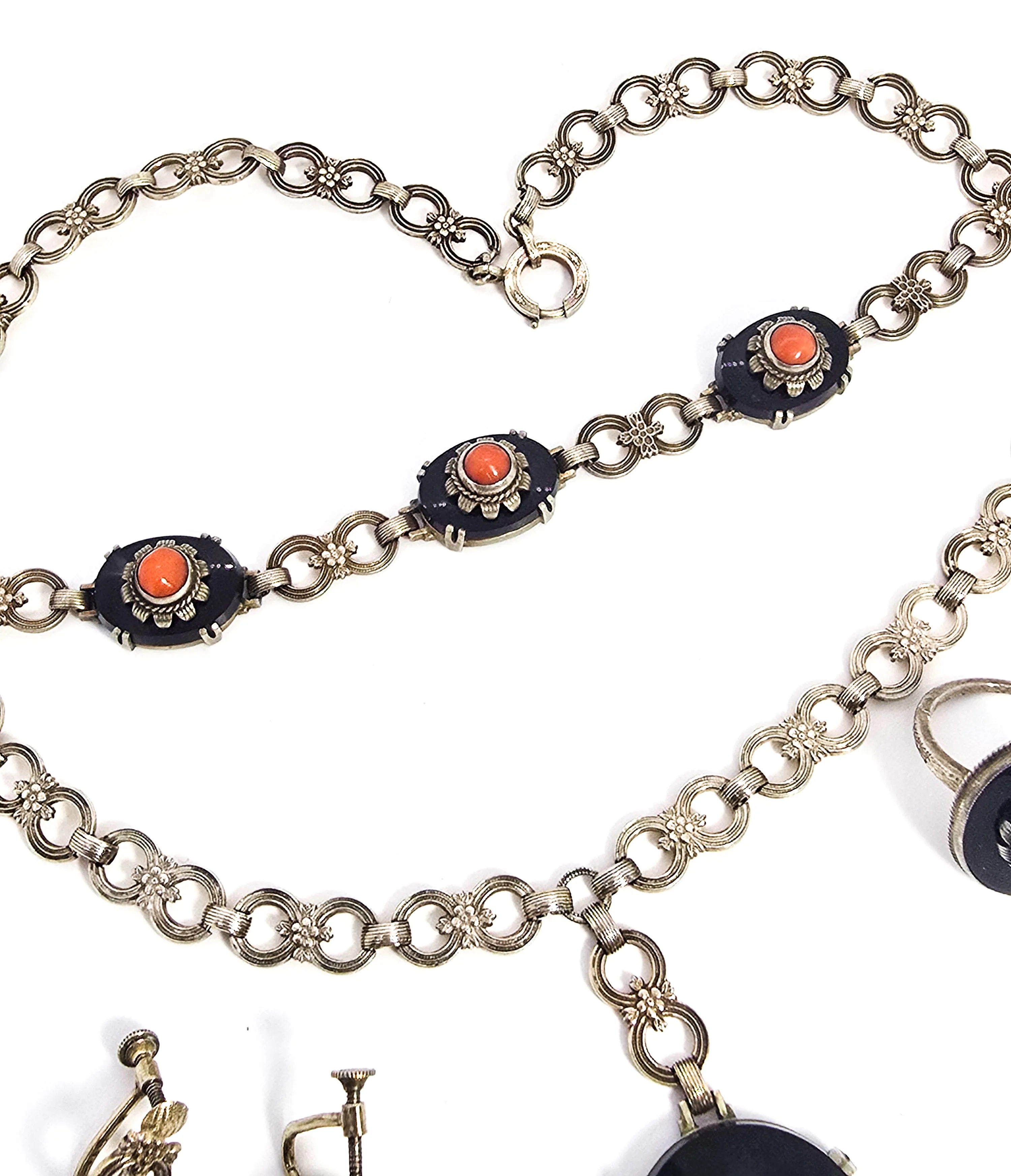 Art Deco black onyx and sponge coral sterling silver Demi Parure antique set 4 piece