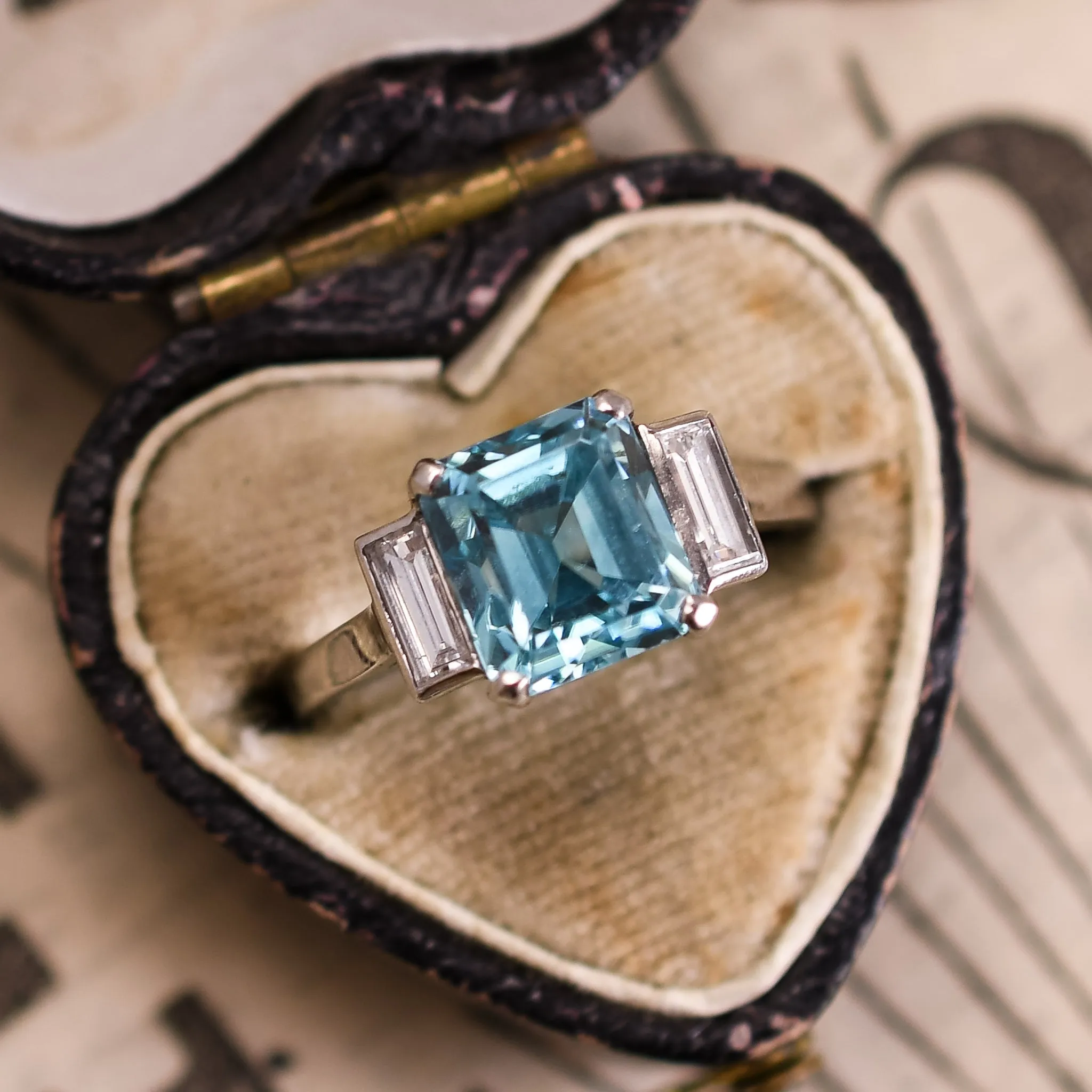 Art Deco Blue Zircon & Diamond Ring