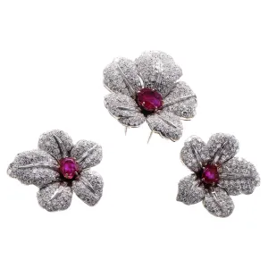 Art Deco Burma Ruby Diamond Austrian Brooch Suite