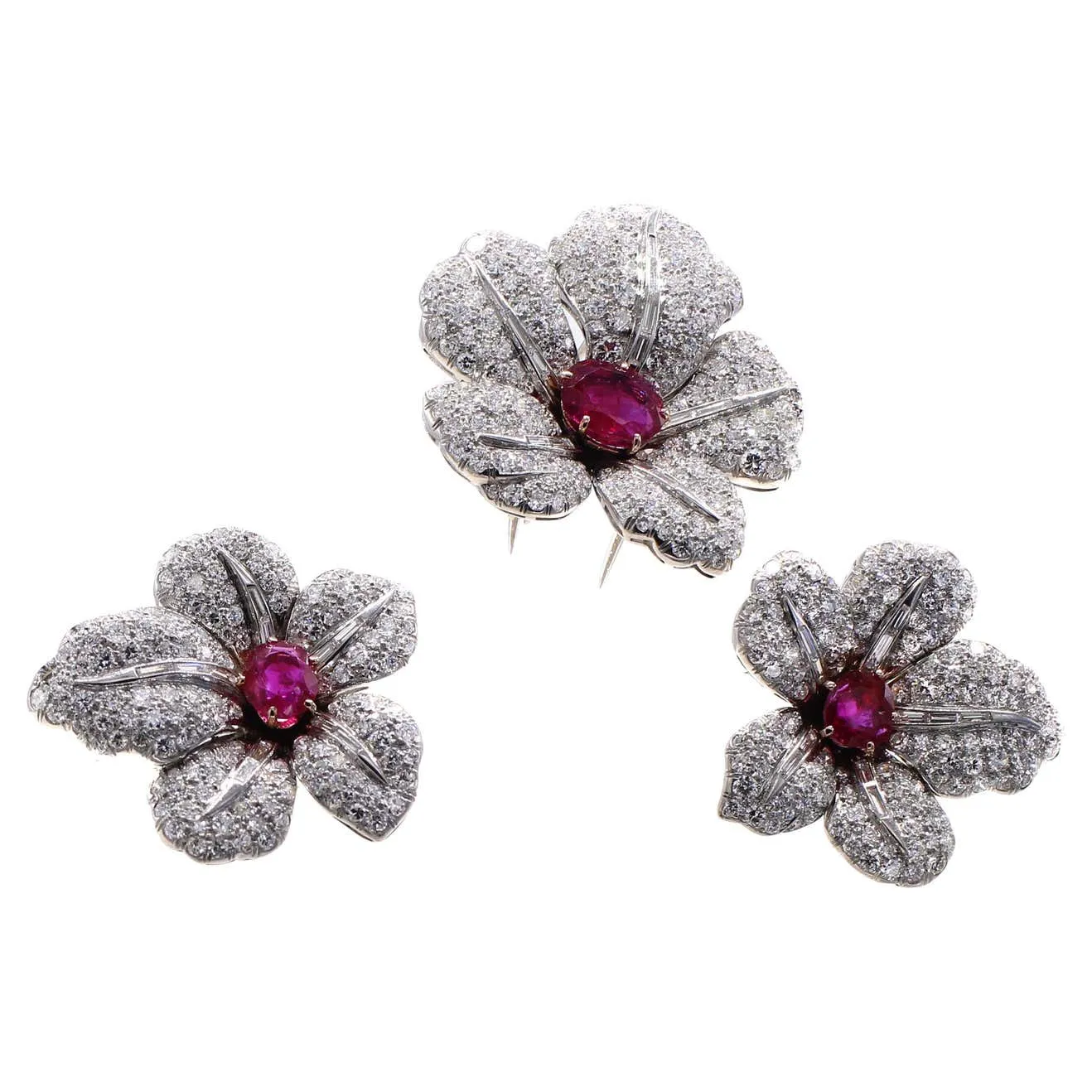 Art Deco Burma Ruby Diamond Austrian Brooch Suite