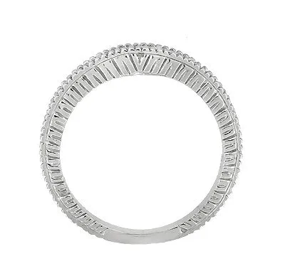 Art Deco Carved Wheat & Diamonds Curved Wedding Band in 14K or 18K White Gold
