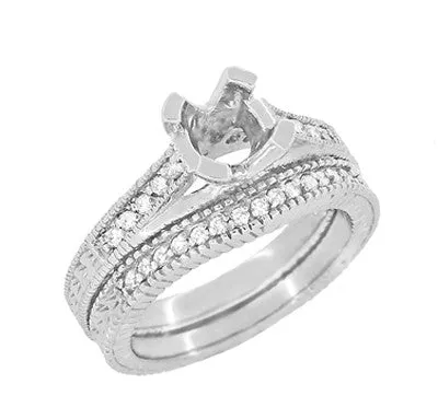 Art Deco Carved Wheat & Diamonds Curved Wedding Band in 14K or 18K White Gold