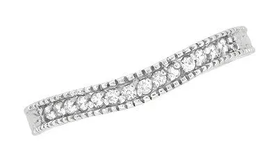 Art Deco Carved Wheat & Diamonds Curved Wedding Band in 14K or 18K White Gold