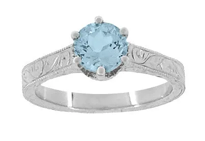 Art Deco Crown Filigree Scrolls 1 Carat Solitaire Aquamarine Engraved Engagement Ring in 18 Karat White Gold