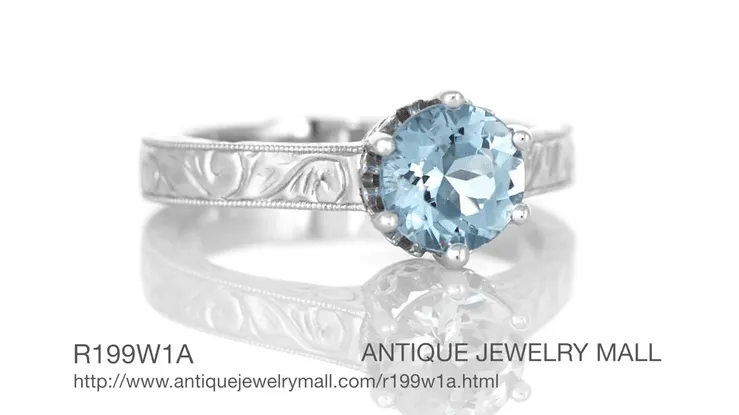 Art Deco Crown Filigree Scrolls 1 Carat Solitaire Aquamarine Engraved Engagement Ring in 18 Karat White Gold