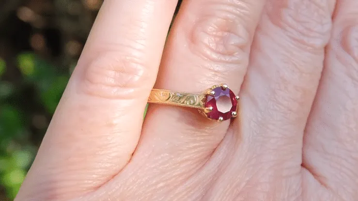 Art Deco Crown Filigree Scrolls Ruby Engagement Ring in 18 Karat Yellow Gold