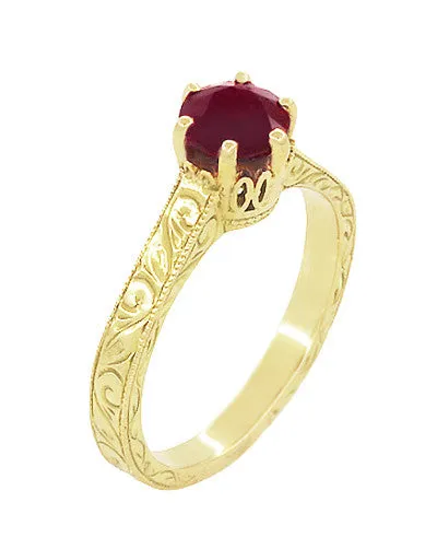 Art Deco Crown Filigree Scrolls Ruby Engagement Ring in 18 Karat Yellow Gold