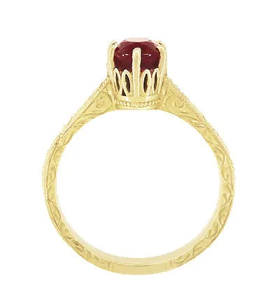Art Deco Crown Filigree Scrolls Ruby Engagement Ring in 18 Karat Yellow Gold