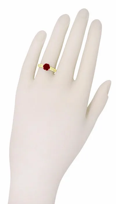 Art Deco Crown Filigree Scrolls Ruby Engagement Ring in 18 Karat Yellow Gold