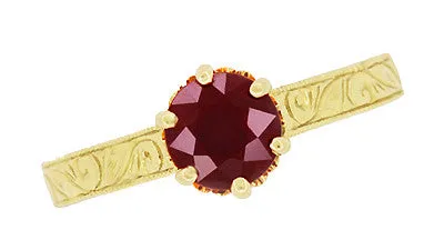 Art Deco Crown Filigree Scrolls Ruby Engagement Ring in 18 Karat Yellow Gold
