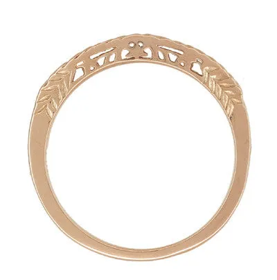 Art Deco Crown of Leaves Curved Filigree Engraved Wedding Band in 14 Karat Rose Gold