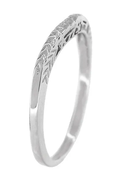 Art Deco Crown of Leaves Curved Filigree Engraved Wedding Band in Platinum