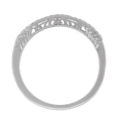 Art Deco Crown of Leaves Curved Filigree Engraved Wedding Band in Platinum