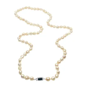 Art Deco Cultured Akoya Pearl Strand - 14K White Gold & Sapphire Paste 29 Inch